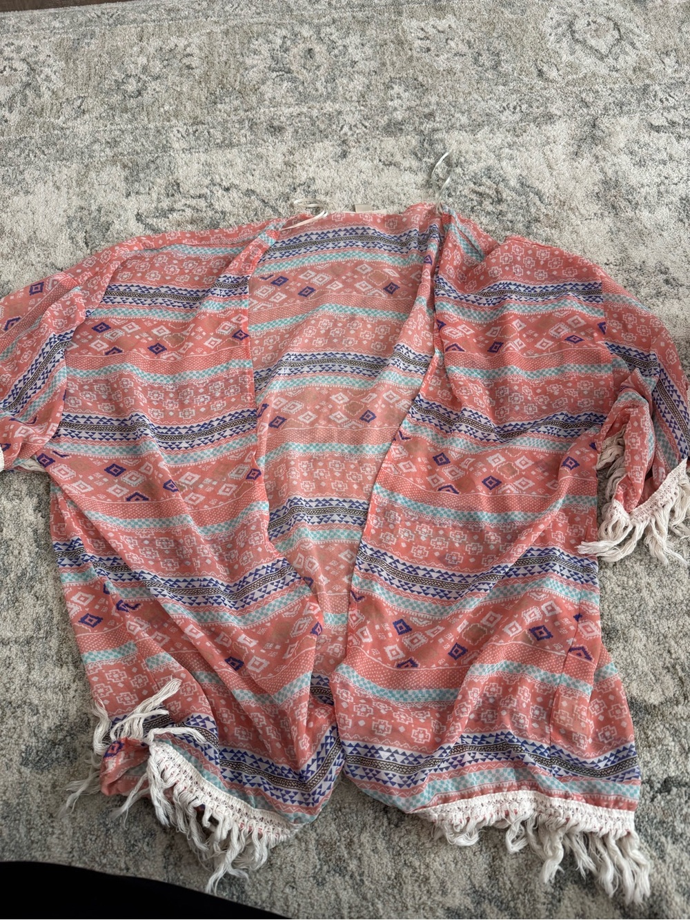 Double Zero Coral kimono with Turquoise and Navy Aztec Stripes